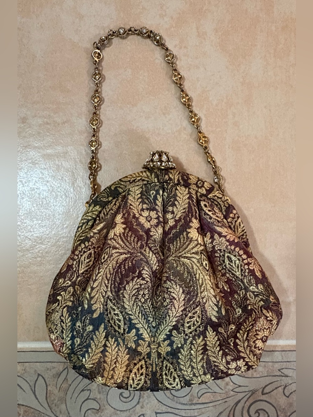 Lord & Taylor Vintage Floral Brocade Style Fabric Bejeweled Chain & Clasp Purse